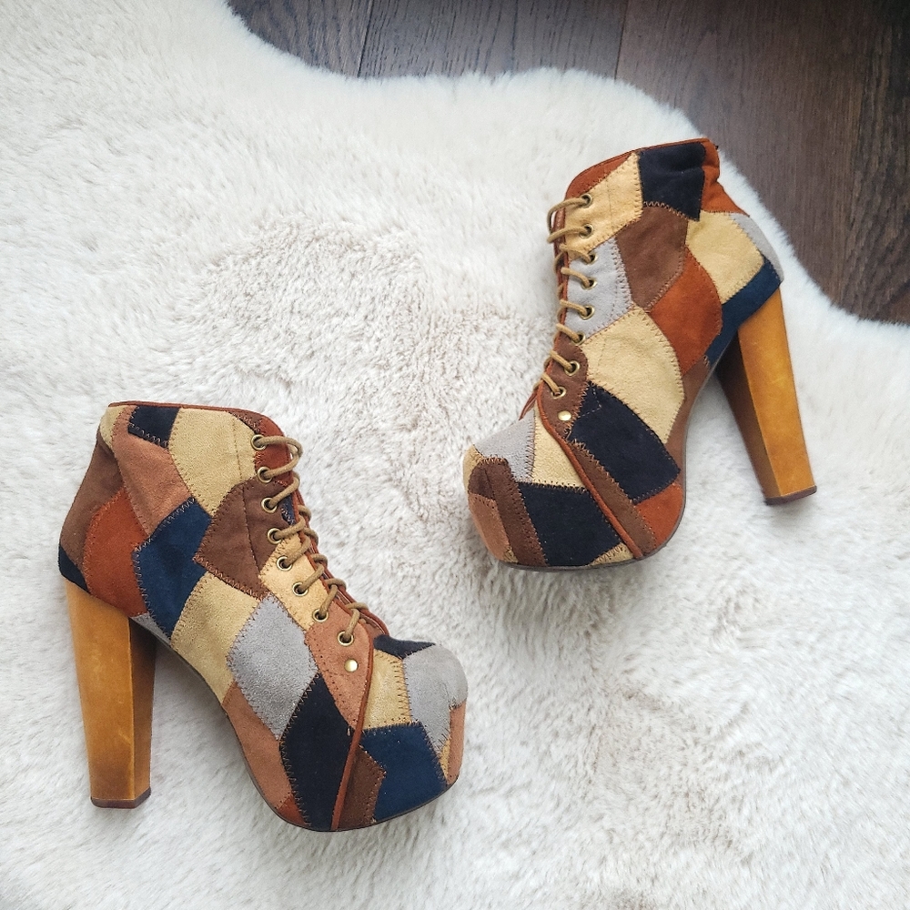 Jeffery Campbell Y2K Patchwork Lolita Square Toe Lace Up Platform Boots